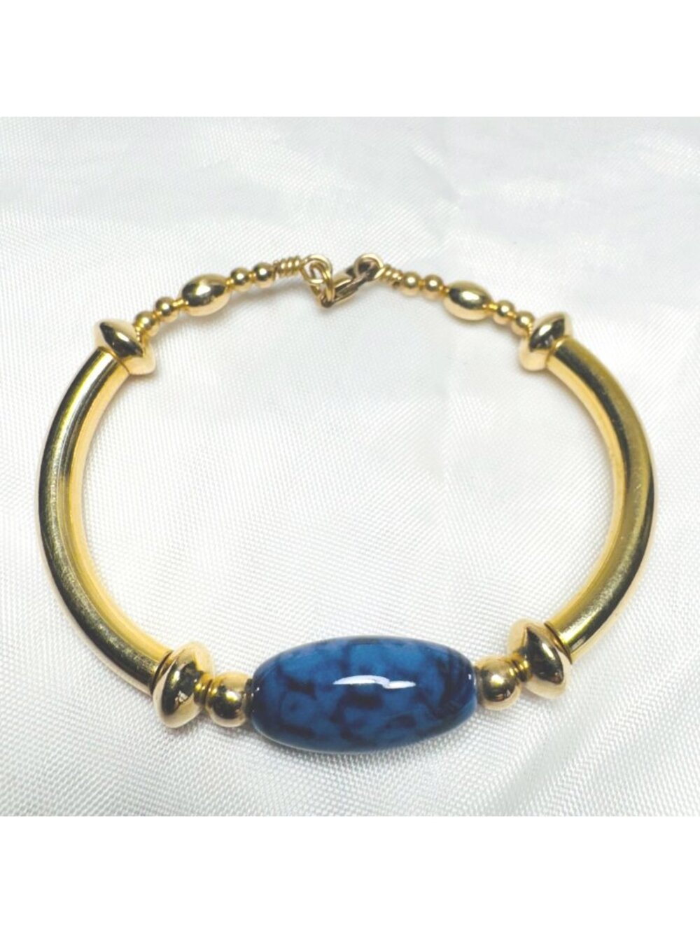 VTG Gold Tone Blue Gemstone Tube Link Bracelet Lobster Claw Size 7.5'' Length